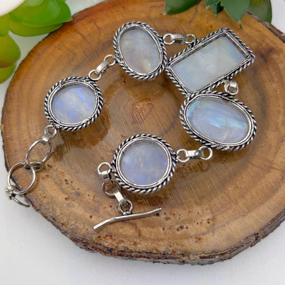 Rainbow Moonstone Extra Chunky Gemstone Bracelet New Sterling Silver 925 Overlay - Picture 6 of 7
